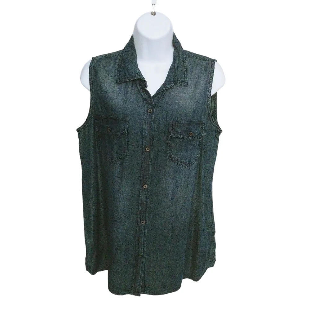 Buffalo David Bitton Blue Faux Denim Jean Work Shirt Blouse Small NWT